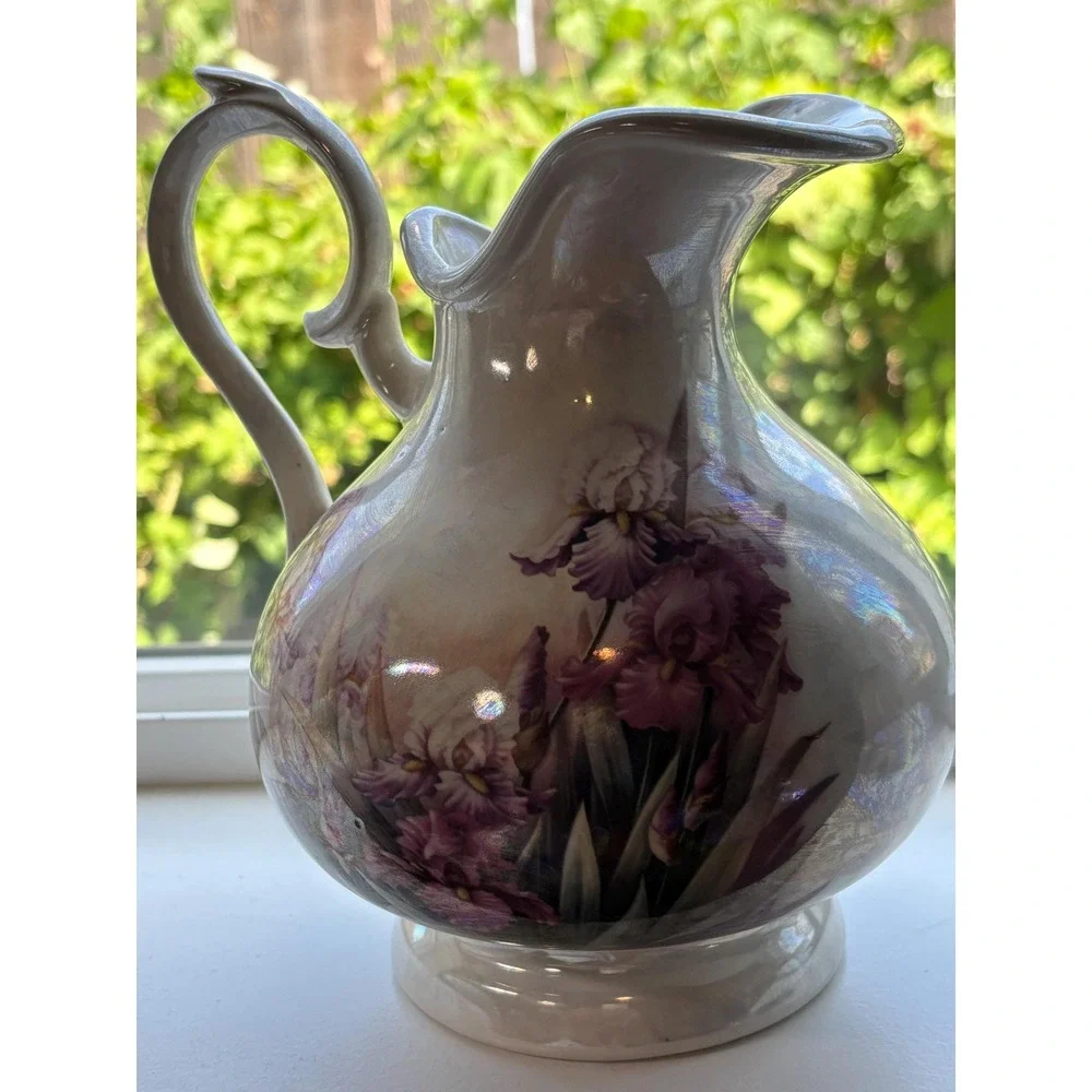 Vintage Arnels Ceramic Pitcher, Iris Floral Painting, Signed Collectible